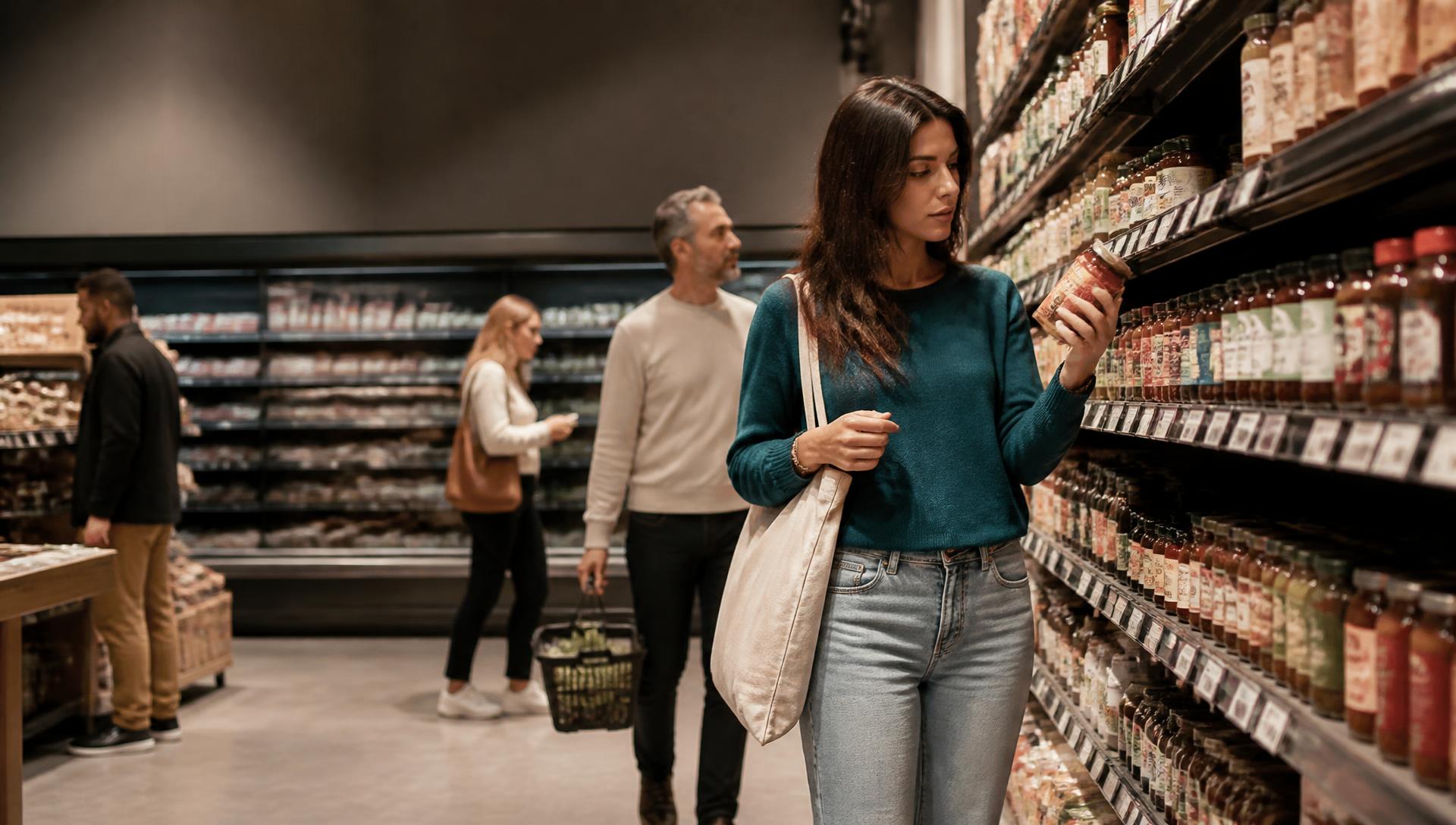 Everyday consumers choosing products in a grocery aisle