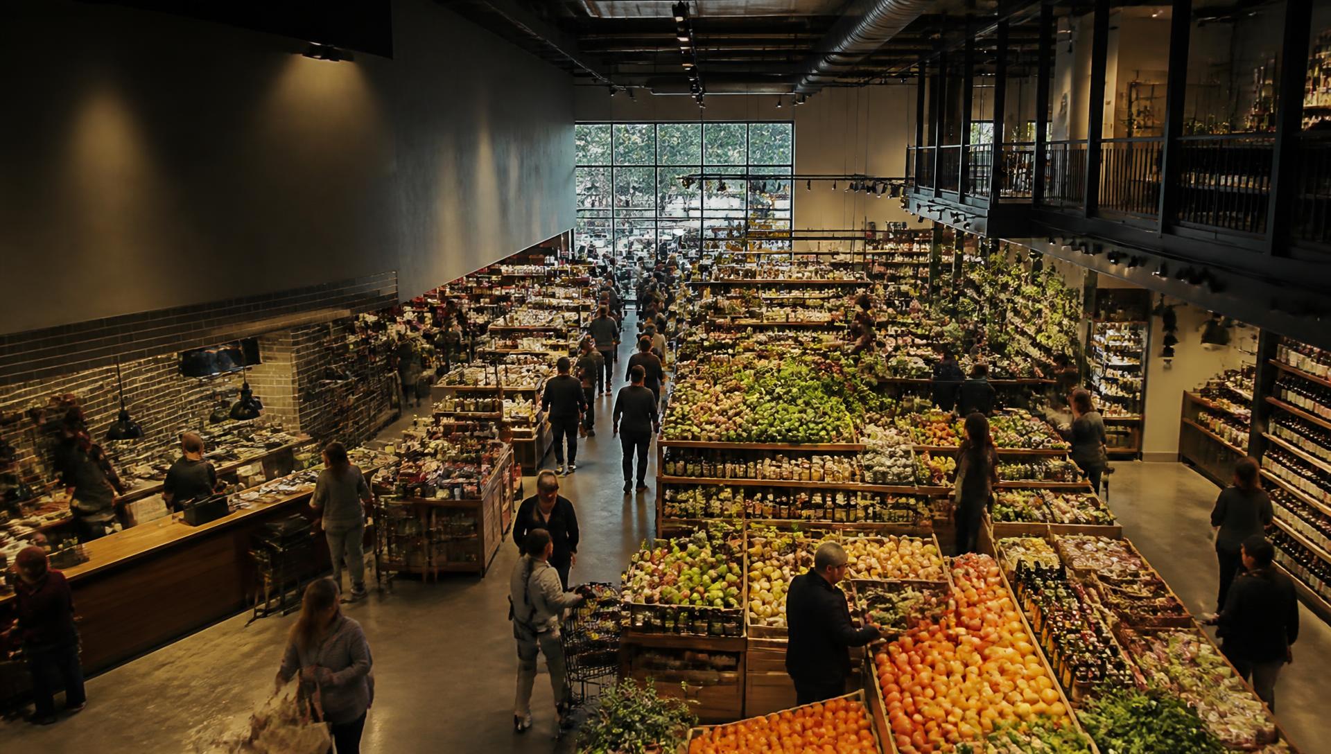 Busy modern grocery store from above